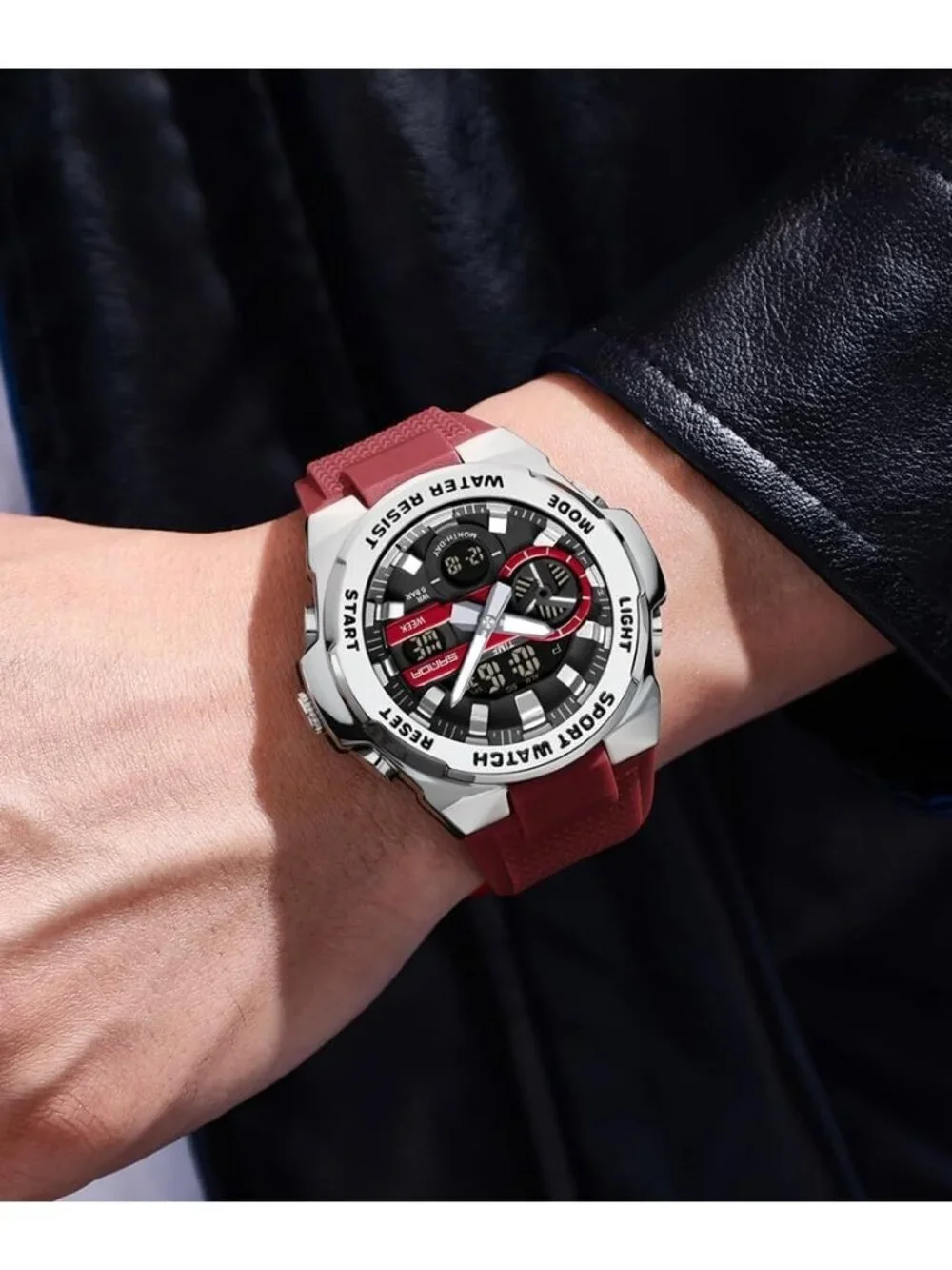 Men's Red Silver Analog Quartz Electronic Military Multifunction Digital Watch